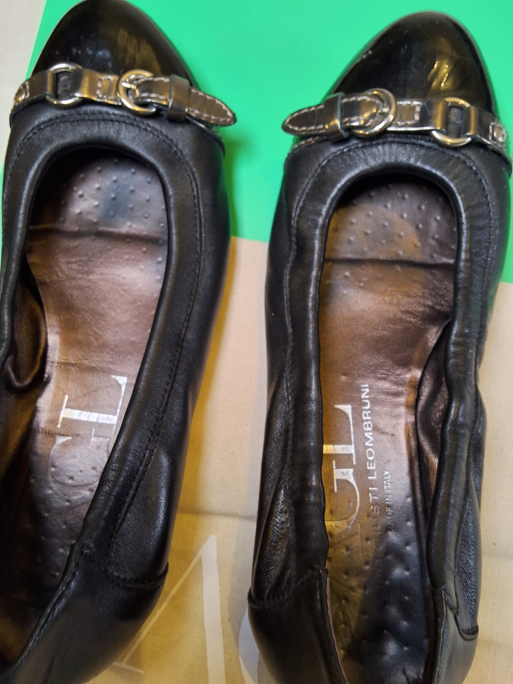 AGL Black Patent Leather Ballet Flats with Silver Buckle - Picture 2 of 14